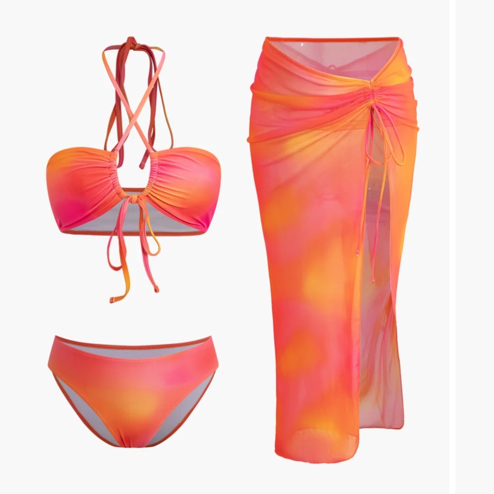 NWT Micas Ombre Cross Tie Halter Bikini Set And Split Mesh Cover Up Set